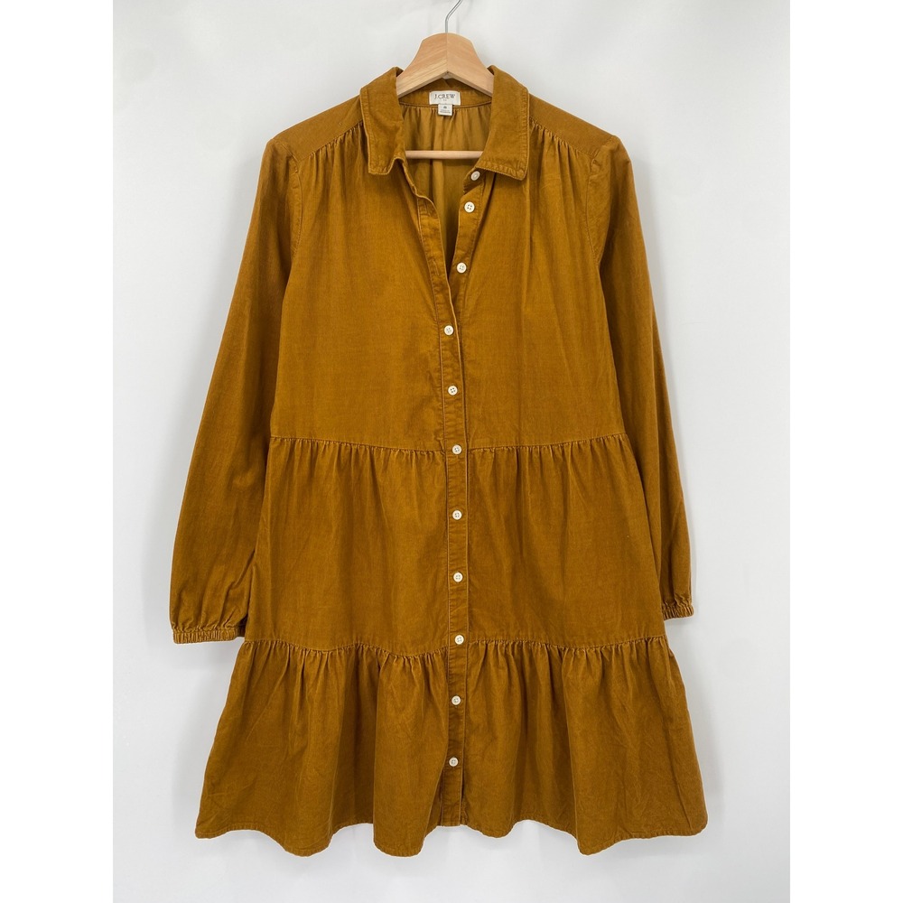 J.Crew Corduroy Shirtdress Women 8 mustard Brown Tiered Button Down BK249